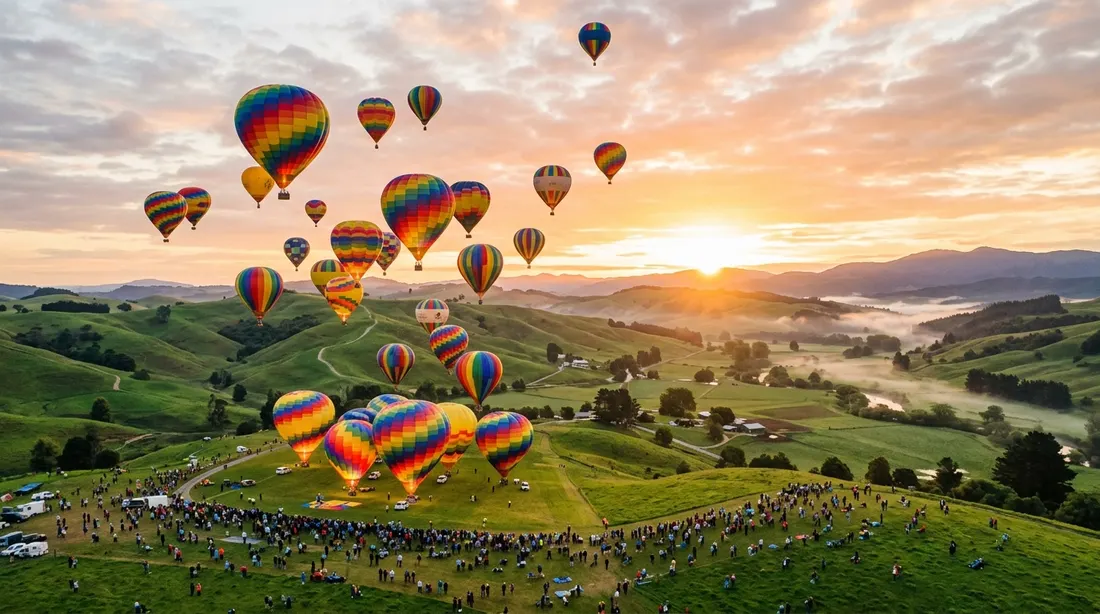 Many hot air balloons rising at sunrise over rolling green hills.