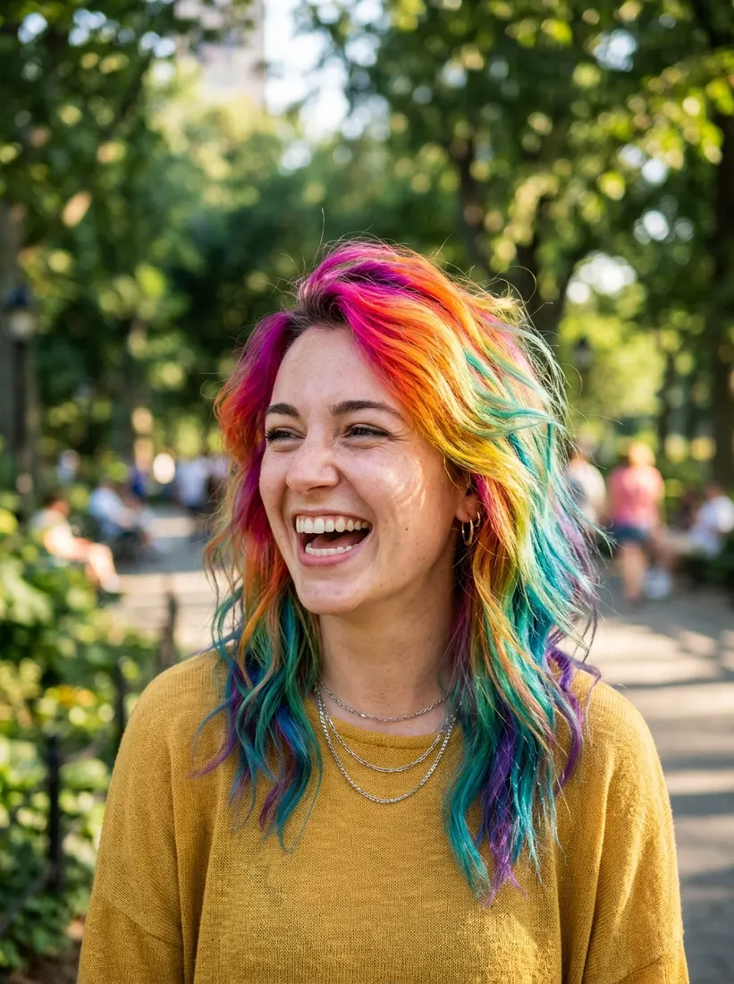 A young woman with rainbow-dyed hair laughing in a sunny park.