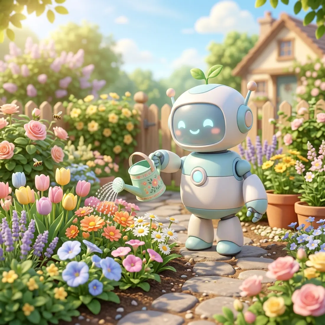 A small friendly robot watering flowers, rendered in soft pastel 3D.